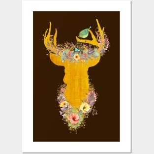 Enchanted Forest, golden buck, birds nest, flowers, bird Posters and Art